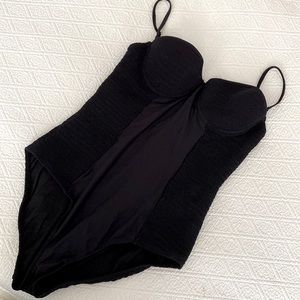 Black smocked one piece swimsuit
